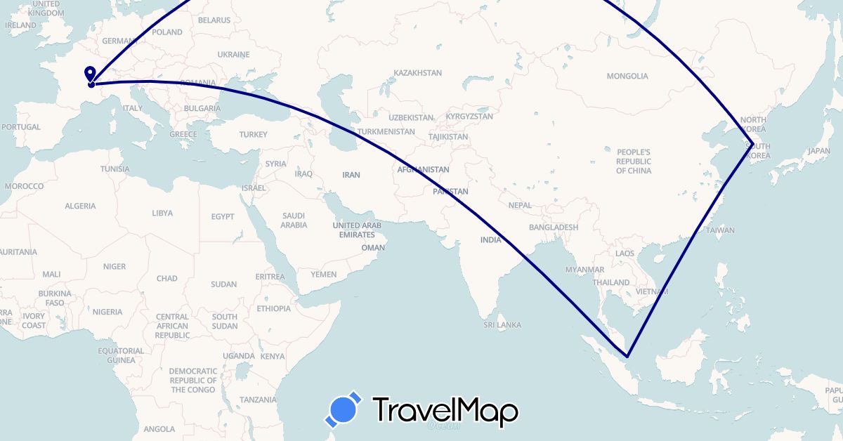 TravelMap itinerary: driving in France, South Korea, Malaysia, Singapore (Asia, Europe)